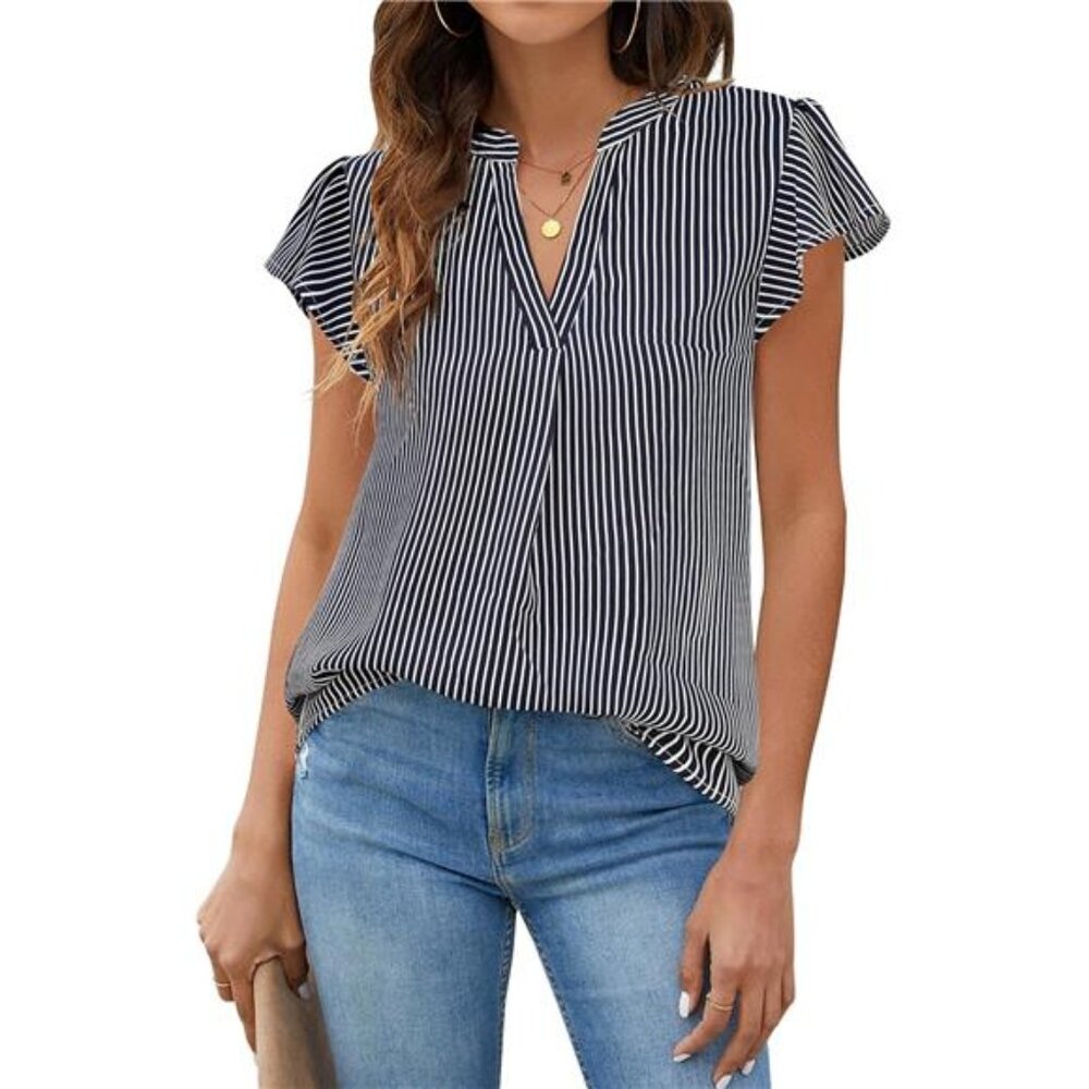 Striped Grey and White Womens White Blouse V Neck Ruffle Sleeve Flowy Shirts